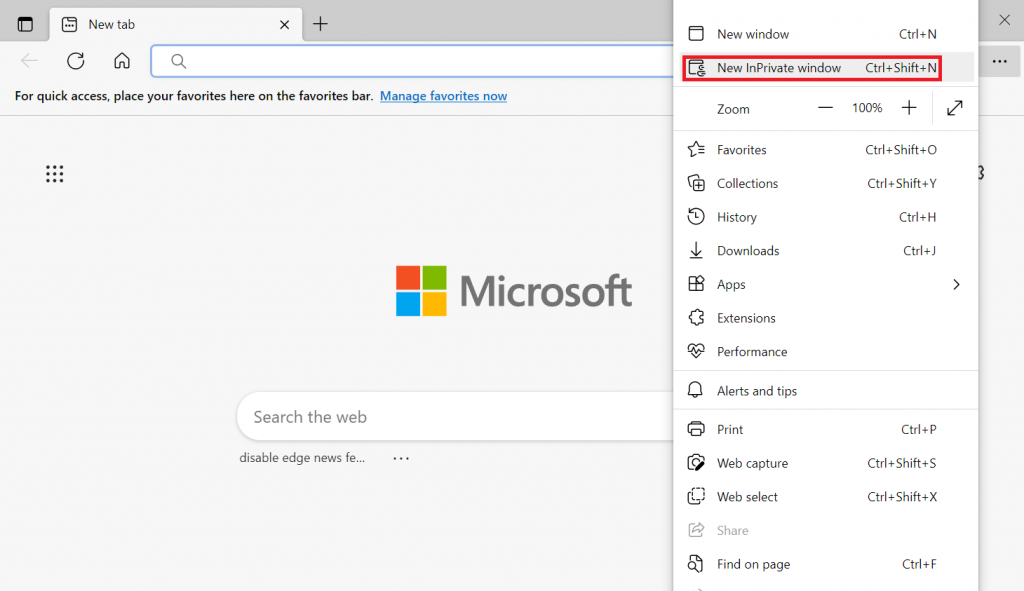 Opening a private browsing session in Microsoft Edge
