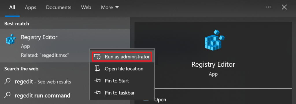 The Run as administrator option in the Windows Registry Editor's start menu