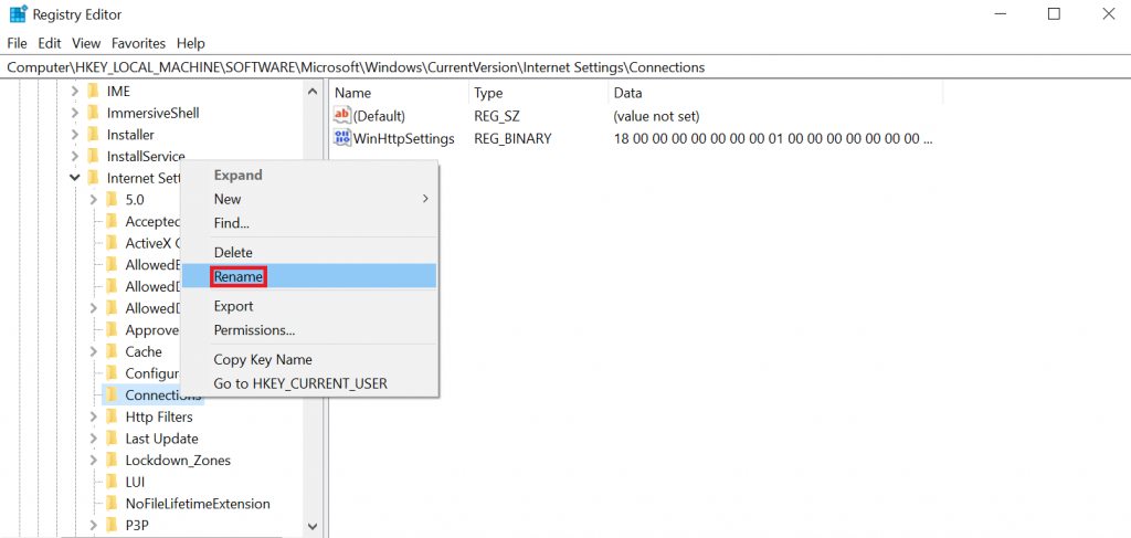 Renaming Connections folder in the Registry Editor
