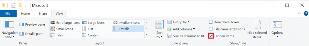 Enabling the show hidden items option in file explorer