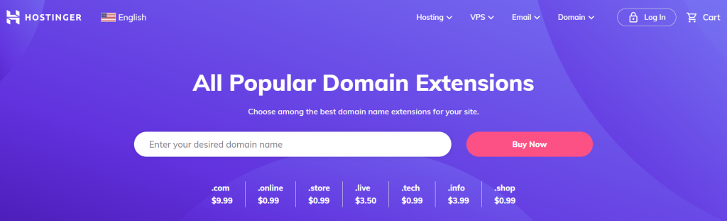 The popular domain extensions available for buy at Hostinger