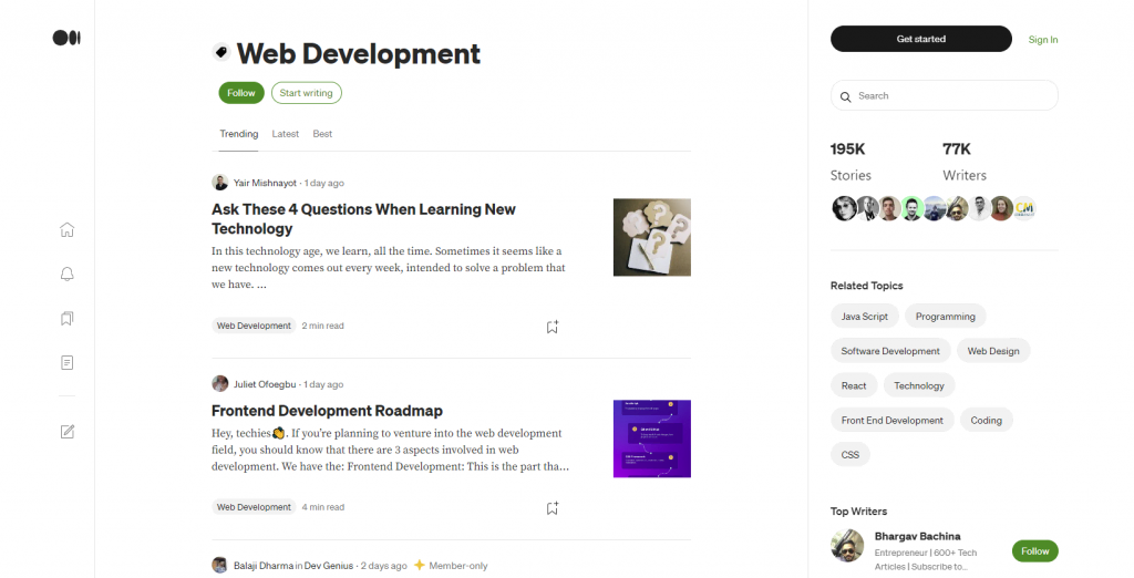 A list of web development articles in Medium serves as a great source of information and a way to promote individual brands.