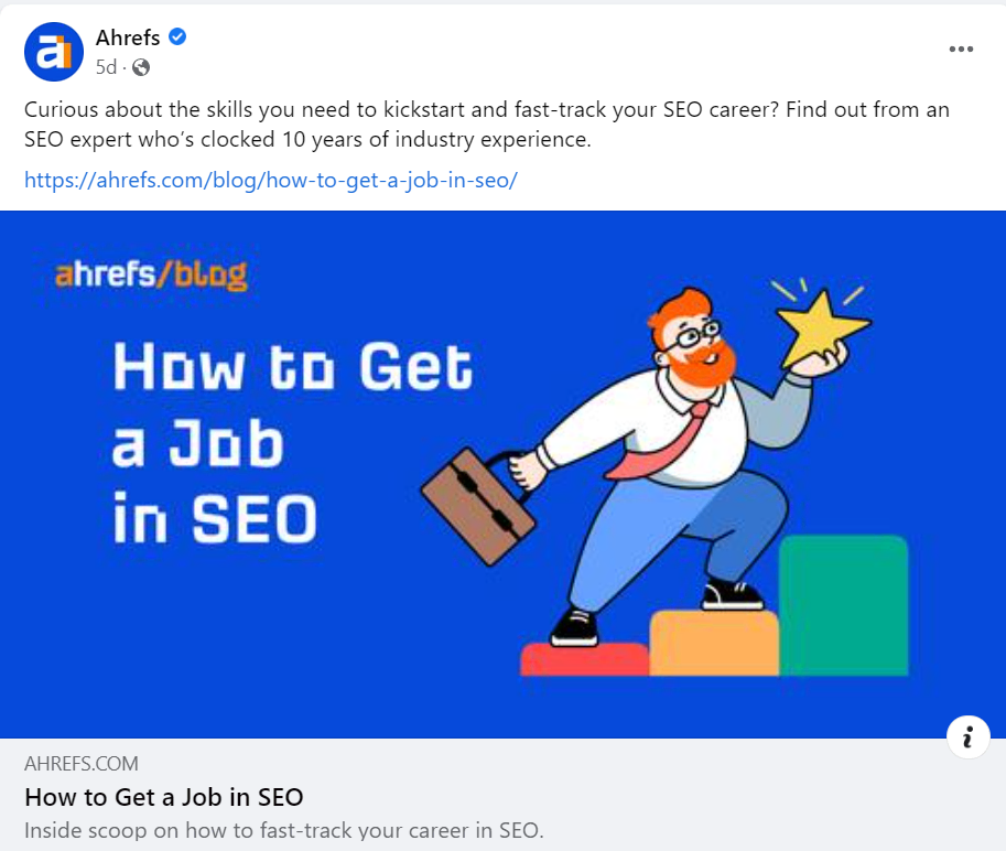 Ahref's Facebook post displays a link to the article "How to Get a Job in SEO"