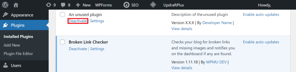 An unused WordPress plugin's deactivation button