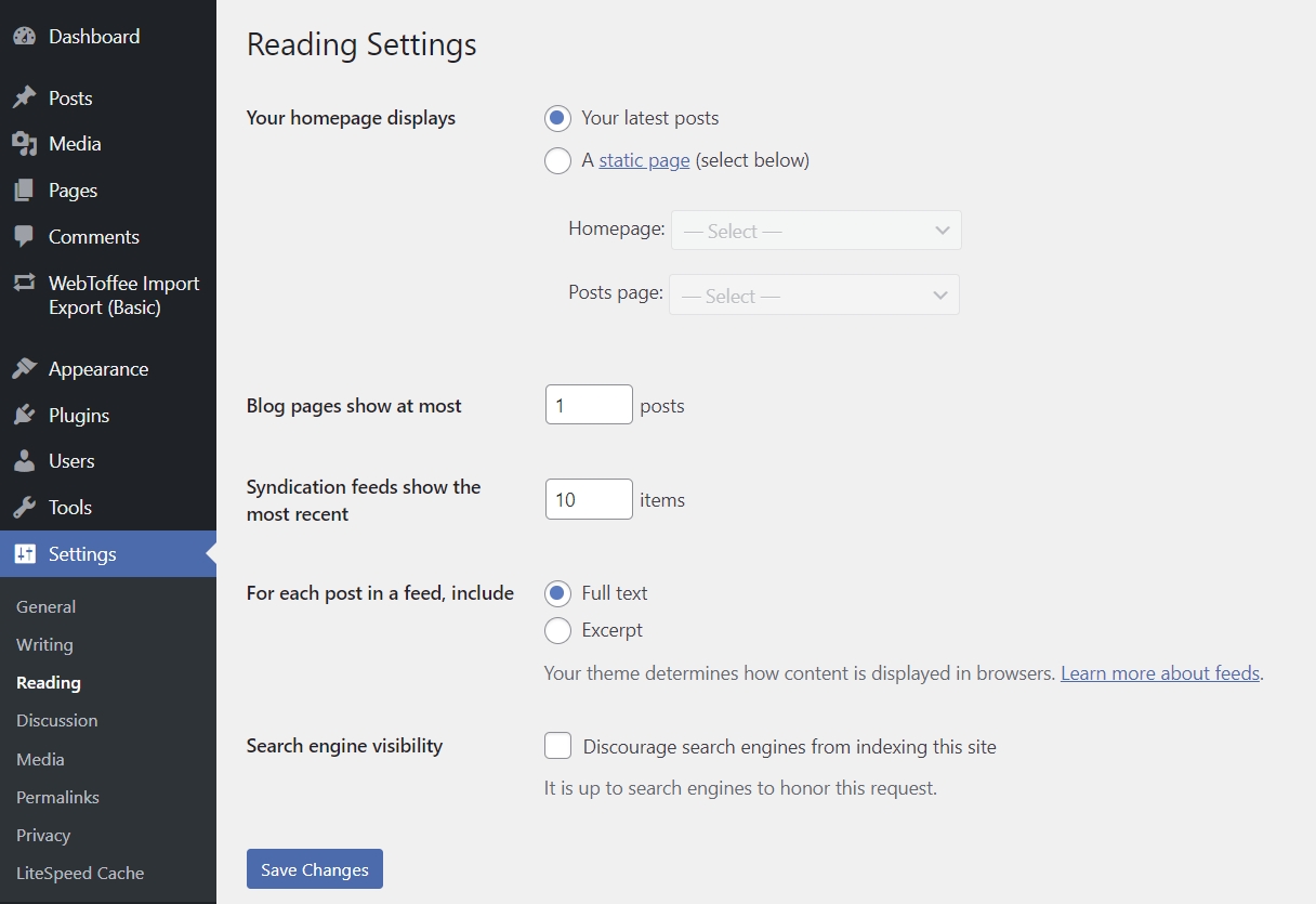 Changing WordPress homepage from the Reading Settings menu