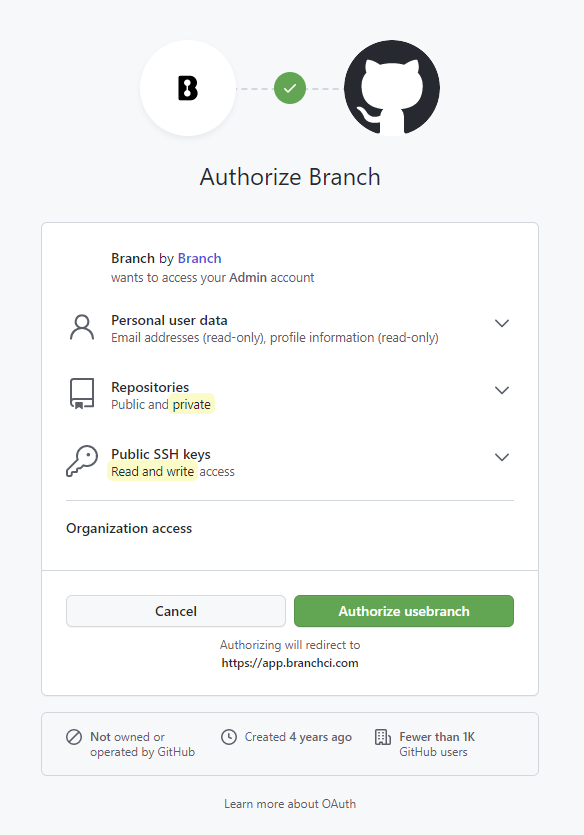 Connecting Branch to a GitHub account