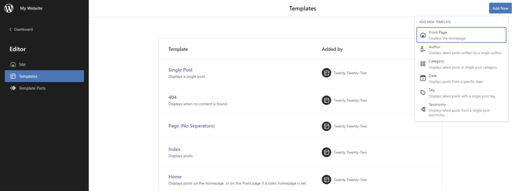 Creating a new custom page template via Site Editor