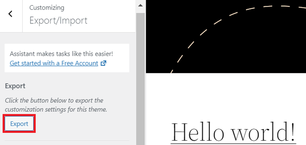 Customizing Export/Import window, highlighting the "Export" button