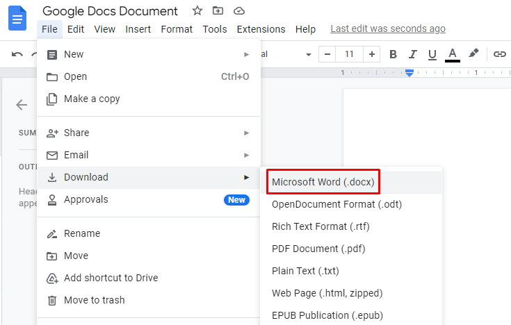 Downloading the Google Docs as DOCX file from the File menu
