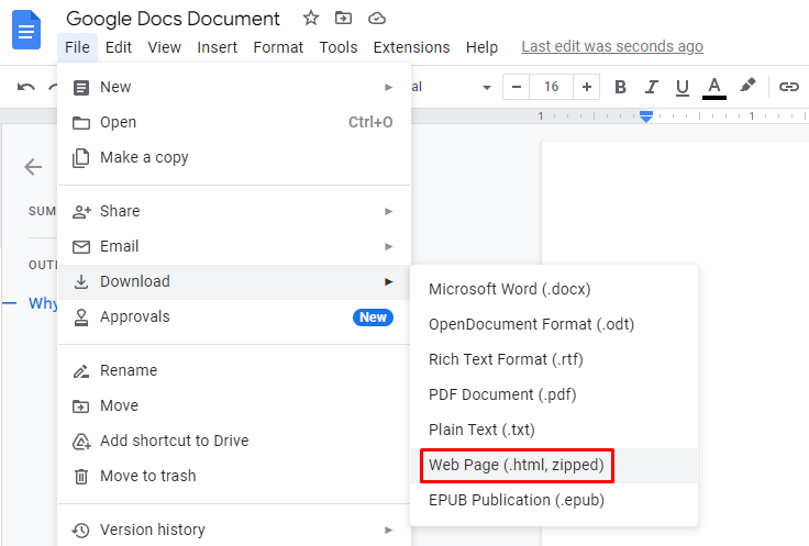 Downloading the Google Docs file from the File menu