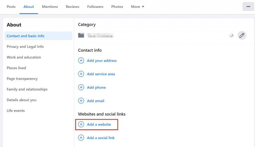 Facebook's About section where users can add their website and fill in other contact details