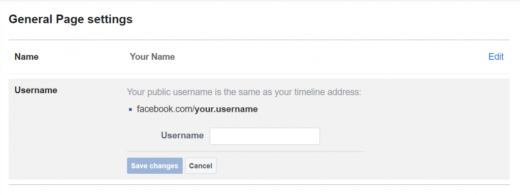 Facebook's General Page settings displays a field to enter your username
