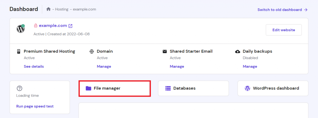 File Manager menu on hPanel
