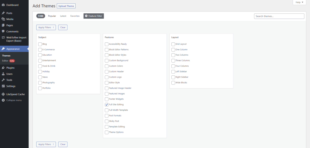Filtering themes that support Site Editor using the Feature Filter function