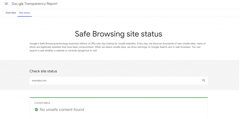 Google Safe Browsing showing that this website's status is No unsafe content found