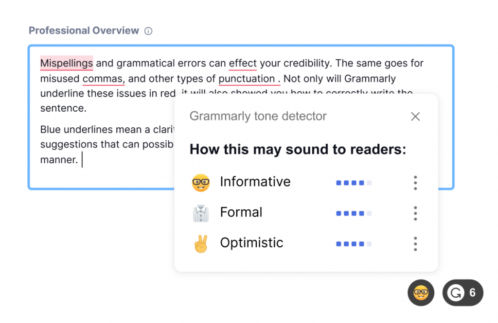 Grammarly tone detector analyzing how a piece of text may sound to readers – informative, formal, or optimistic.
