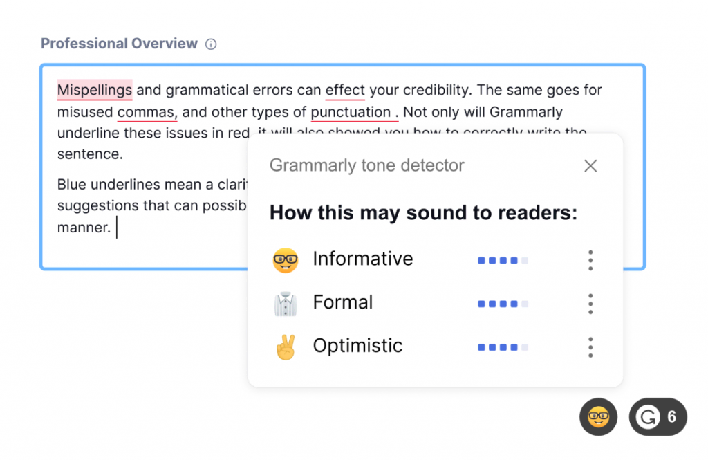 Grammarly tone detector analyzing how a piece of text may sound to readers – informative, formal, or optimistic.
