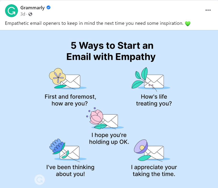 Grammarly's visual content. "5 Ways to Start an Email with Empathy".