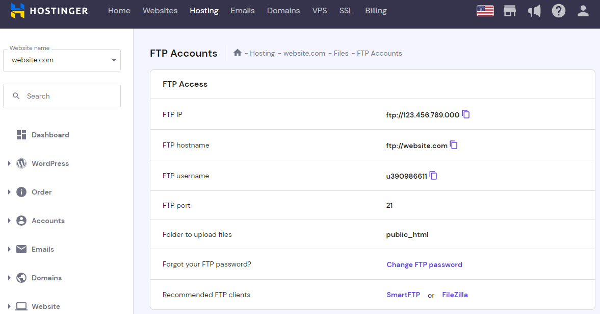 Hostinger FTP Accounts panel, showing the FTP Access details