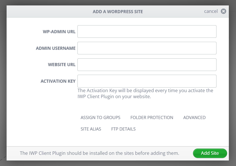 InfiniteWP's dashboard displays a pop-up to add a WordPress site