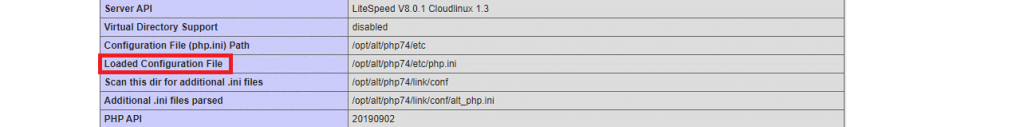 Loaded Configuration File row in the phpinfo.php file.
