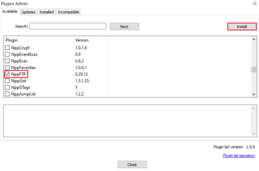 Notepad++ Plugins Admin window, with highlighted NppFTP option and Install button