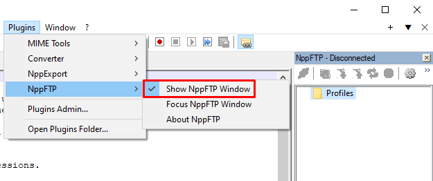 Notepad++ Plugins Admin window, with highlighted NppFTP option and Install button