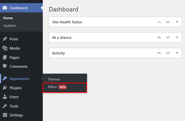 The WordPress dashboard with the Editor menu highlighted