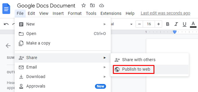Publishing the Google Docs file from the File menu