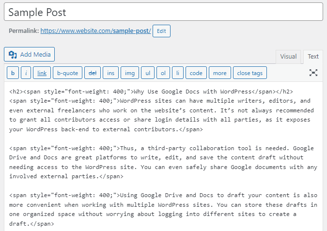 Text view in the WordPress classic editor, showing the HTML tags of the draft