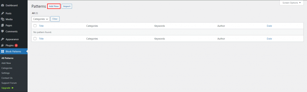 The Add New button on the Block Patterns menu on the WordPress dashboard