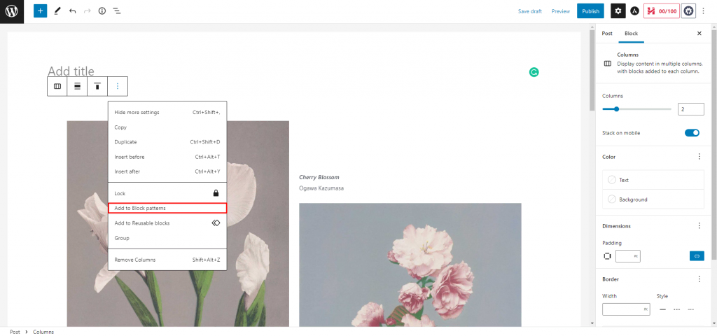 The Add to Block Patterns feature after right-clicking a block pattern on the WordPress editor