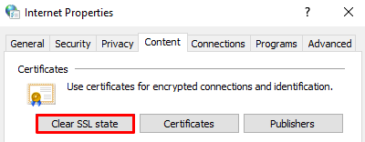 The Content tab on the Internet Properties menu, with the Clear SSL state button highlighted