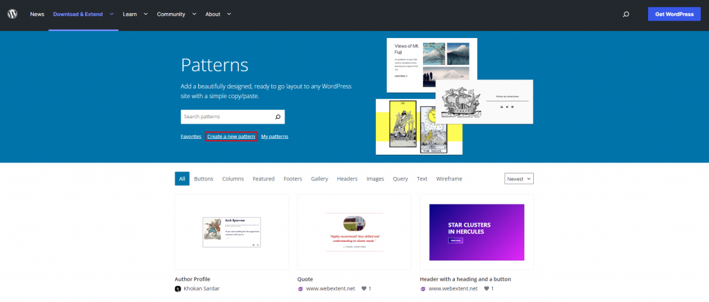 The Create New Pattern link at the top of the WordPress Pattern library