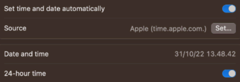 The Date & Time menu on macOS, with the Set time and date automatically option turned on
