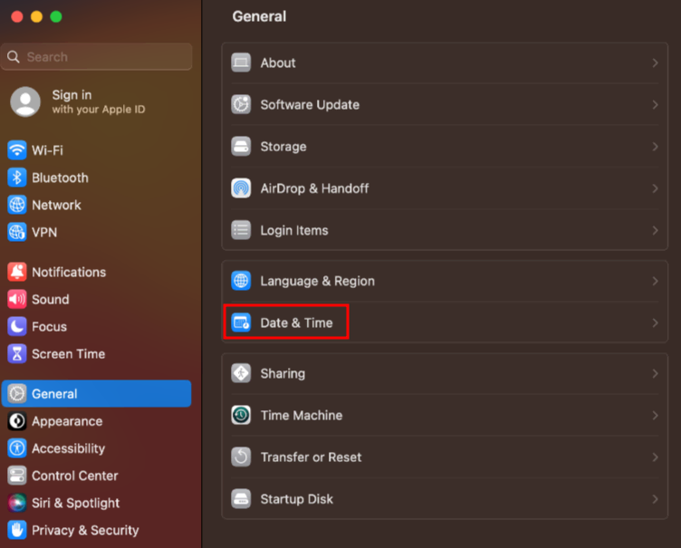The General settings menu on macOS, with the Date & Time option highlighted
