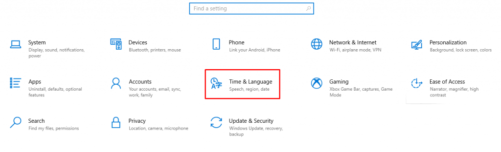 The Time & Language option on Windows' settings menu
