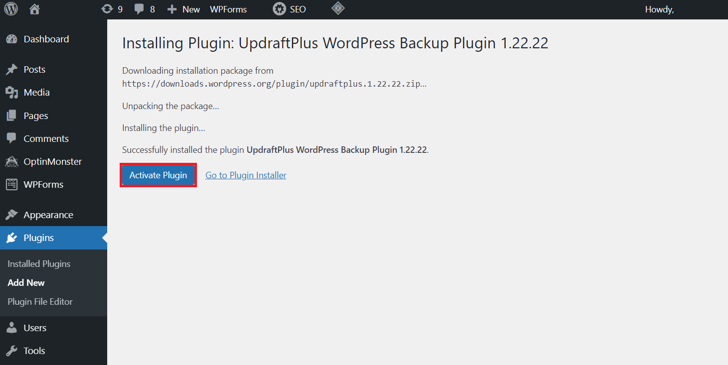 The UpdraftPlus plugin activation button