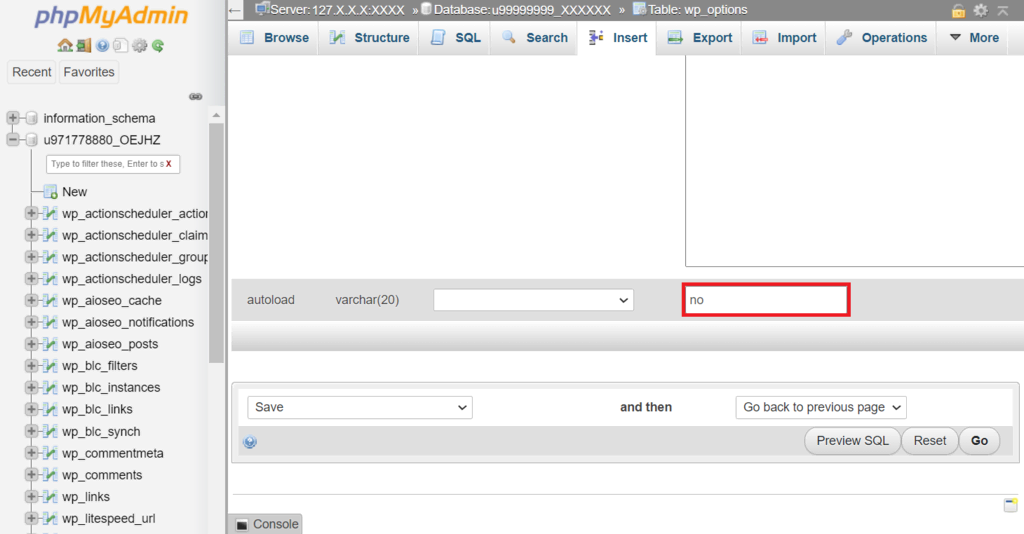 The autoload value field in phpMyAdmin