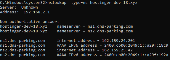 The command-prompt window showcasing the nslookup command result for nameservers