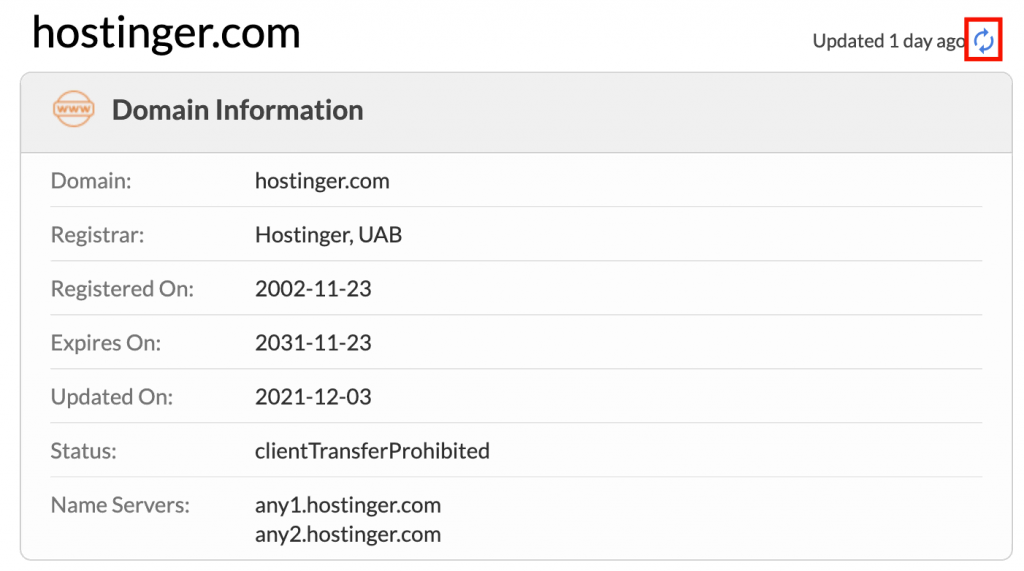 The default WHOIS lookup tool window. Red border indicates a button to refresh the information