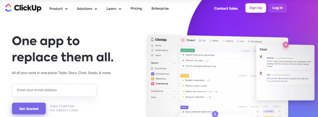 The homepage of ClickUp, a team communication and collaboration app