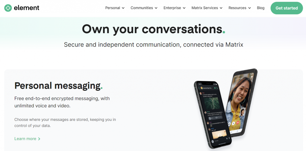 The homepage of Element, a messaging app based on the Matrix protocol