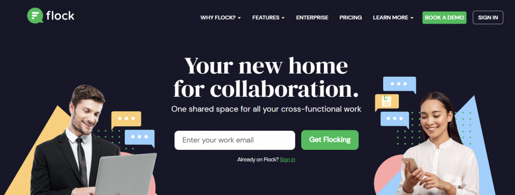 The homepage of Flock, a team communication tool offering unlimited messages