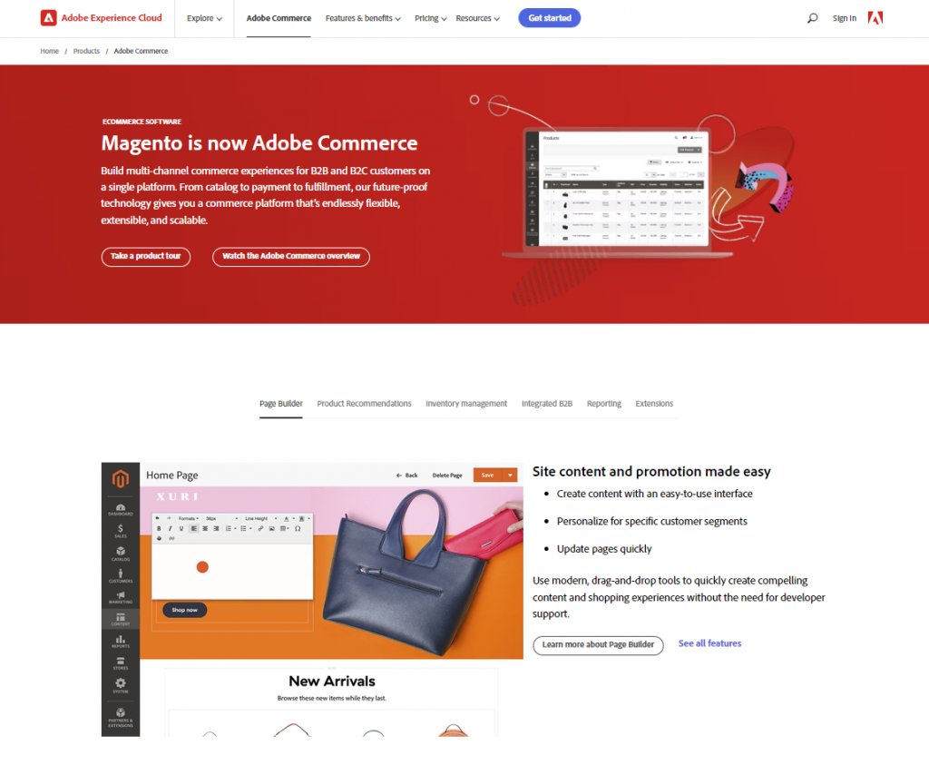 The homepage of Magento or Adobe Commerce, one of the most popular eCommerce platforms today.