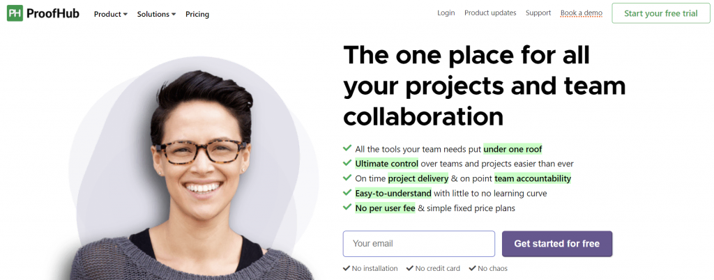 The homepage of Proofhub, a document collaboration platform with a user-friendly interface

