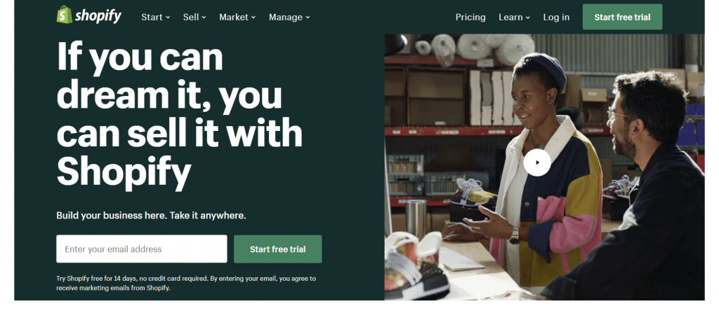 The homepage of Shopify, another popular eCommerce platform for business.