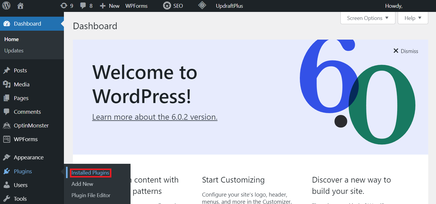 The installed plugins management menu in WordPress