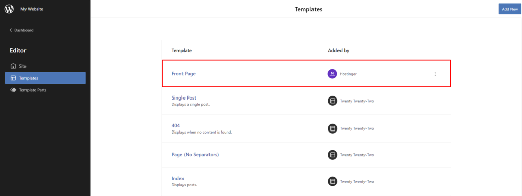 The new custom page template appears in the Templates menu