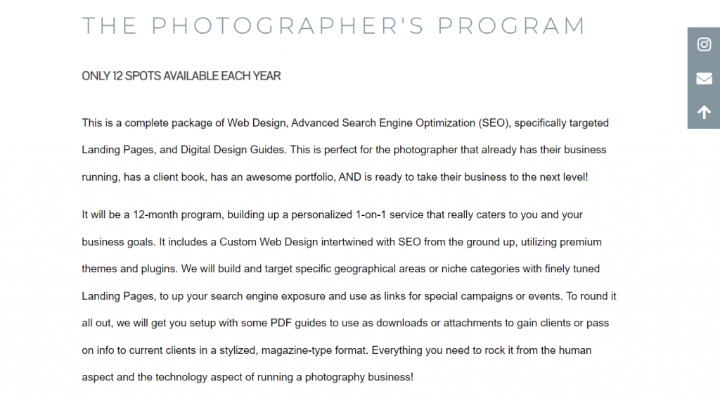 The photographers program service page offered by photographywebdesigns.com